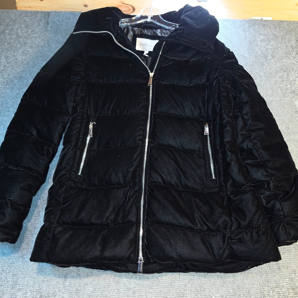 BCBGeneration Puffer Jacket Women XS Black Good Velvet Quilted Padded Zip